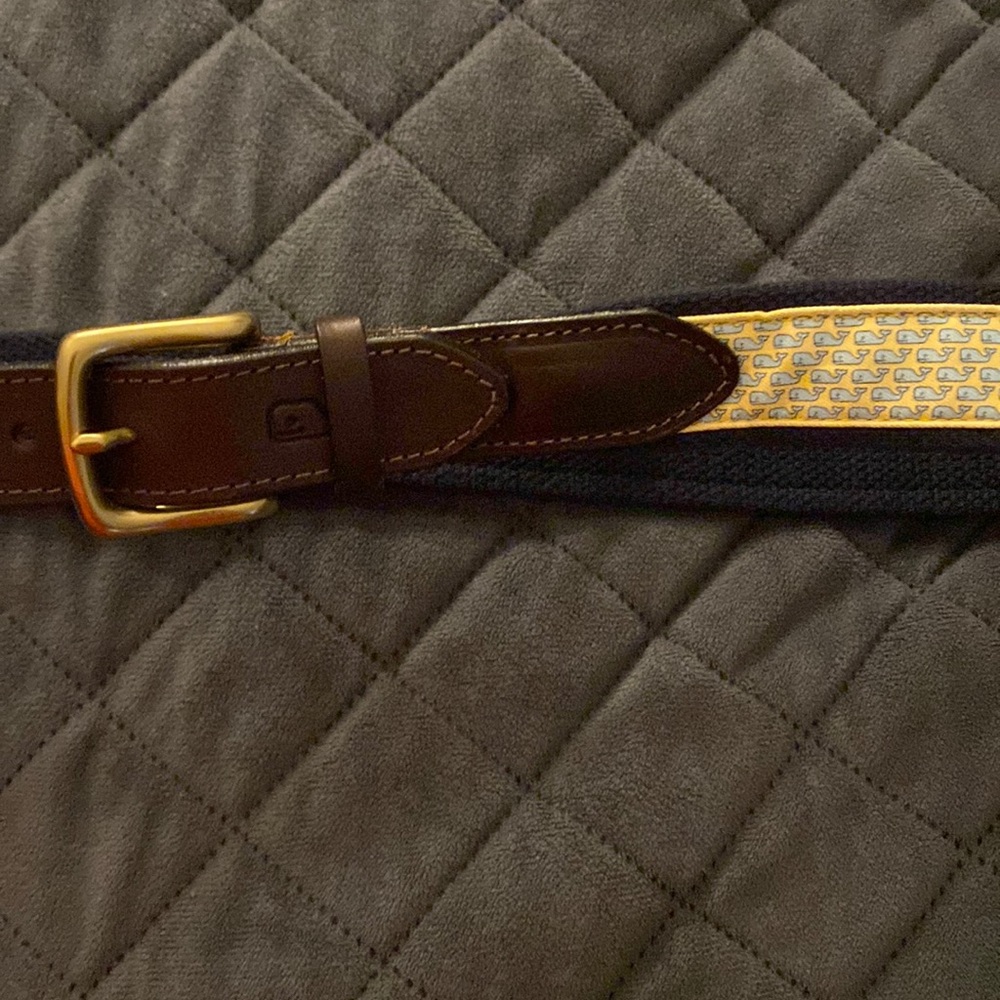Vineyard Vines Brown Leather & Navy Woven Belt with Yellow Whale Pattern